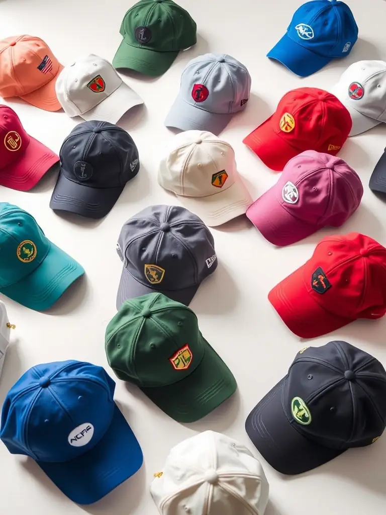 An image displaying a variety of customized golf caps and clips with different logos and designs, illustrating the customization possibilities.