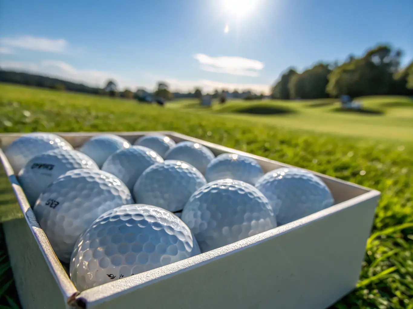 A close-up shot of high-performance golf balls with various branding options, highlighting their quality and customizability.