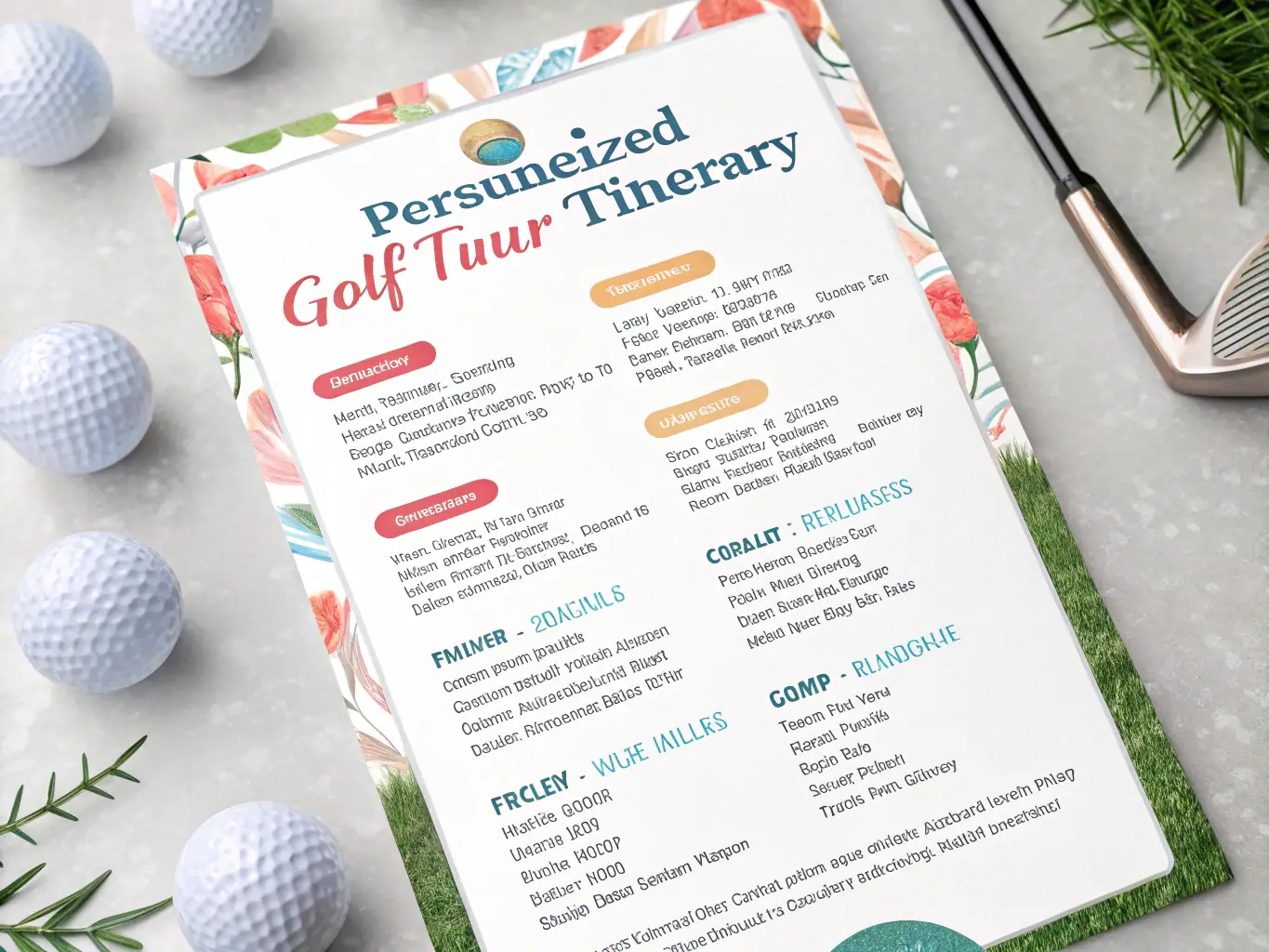 A vibrant image showcasing customized golf balls and accessories with client branding, set against a professional golfing backdrop.