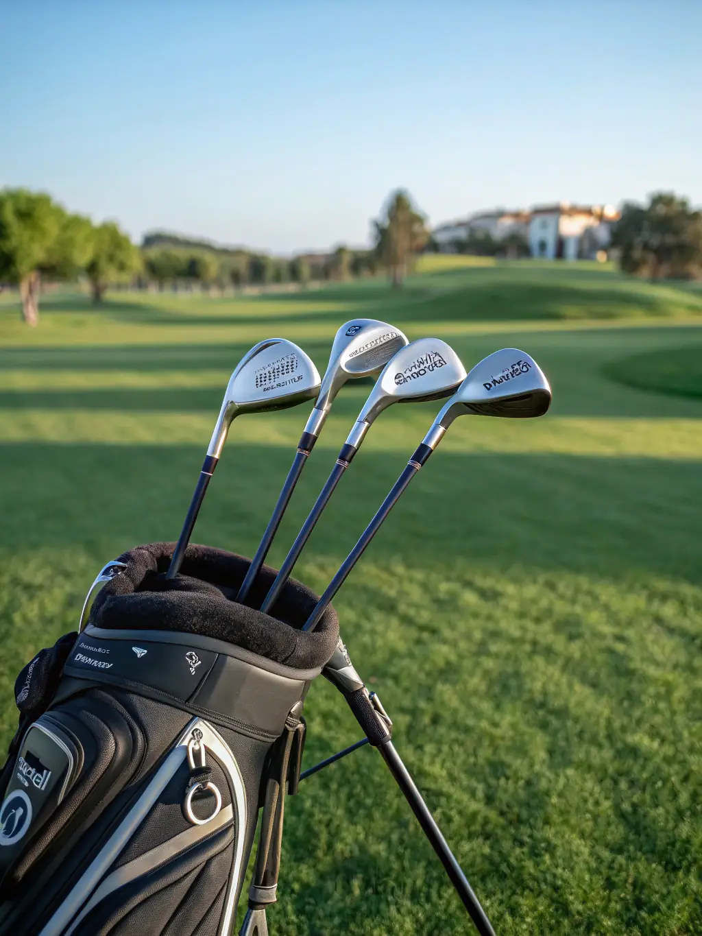 An image displaying a durable golf bag with multiple compartments, placed on a golf cart against the backdrop of a well-maintained golf course.